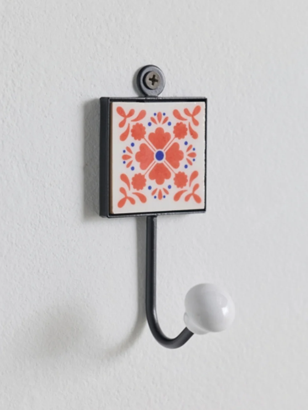 Decorative Ceramic Tile Wall Hook in Coral and Blue One Hook